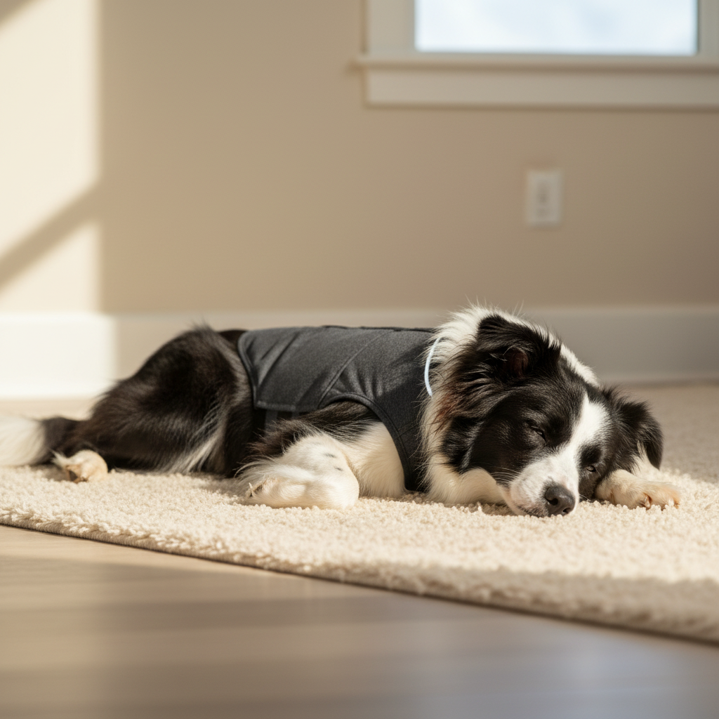 Border Collie Naturally Lying in Anxiety Vest