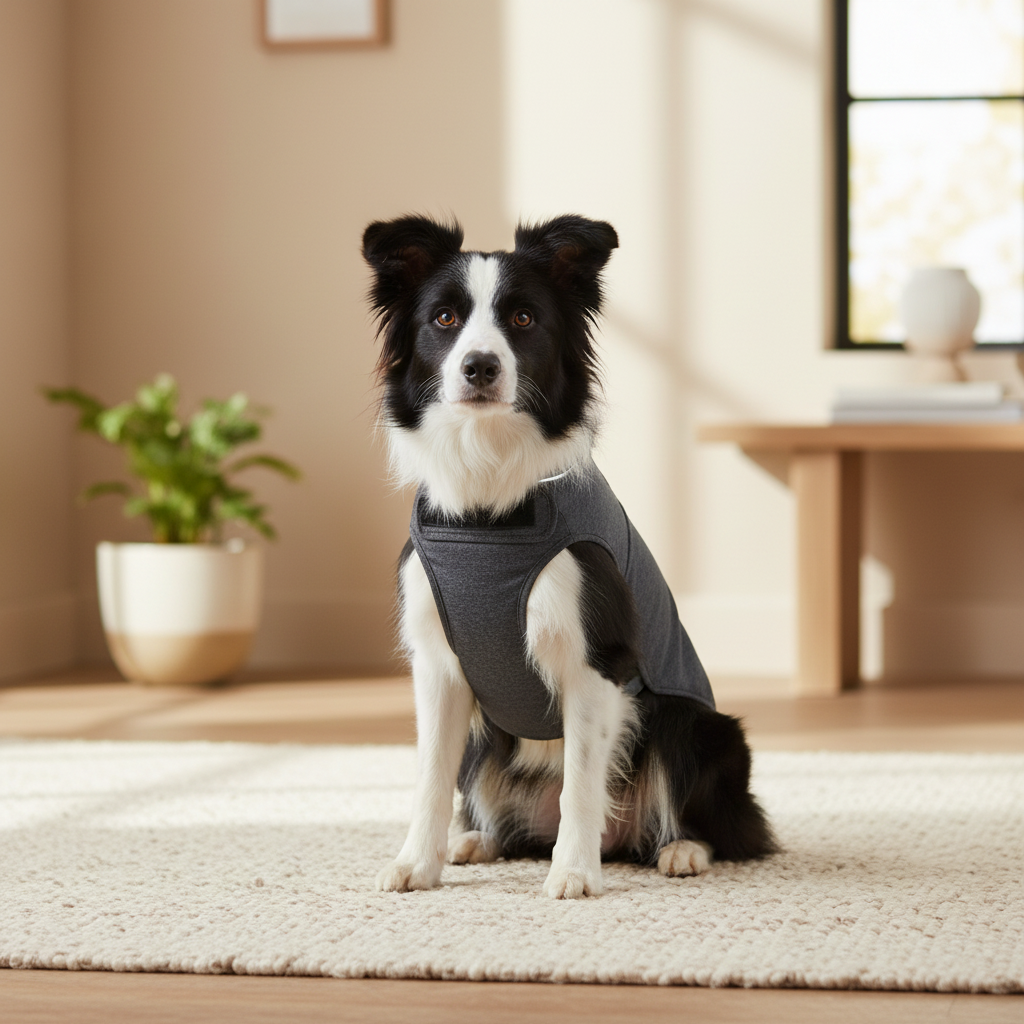 Border Collie Wearing Anxiety Vest - Lifestyle