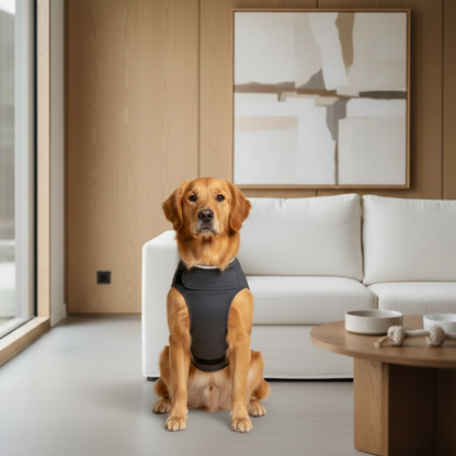 Golden Retriever in Anxiety Vest - Timber Living Room