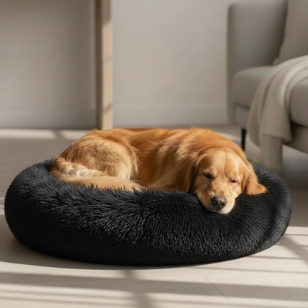 Golden Retriever in Jet Black Donut Bed - Warm Sunlight