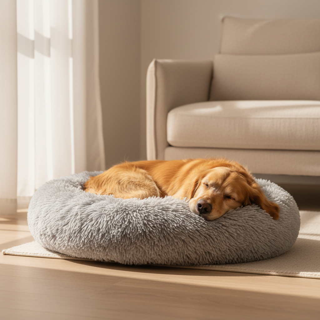 Golden Retriever in Light Grey Donut Bed - Warm Sunlight