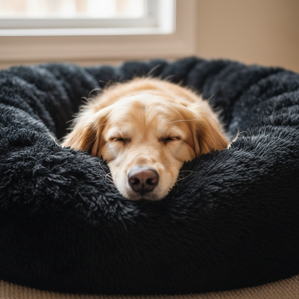 Golden Retriever Nuzzled in Black Donut Bed - Close Up