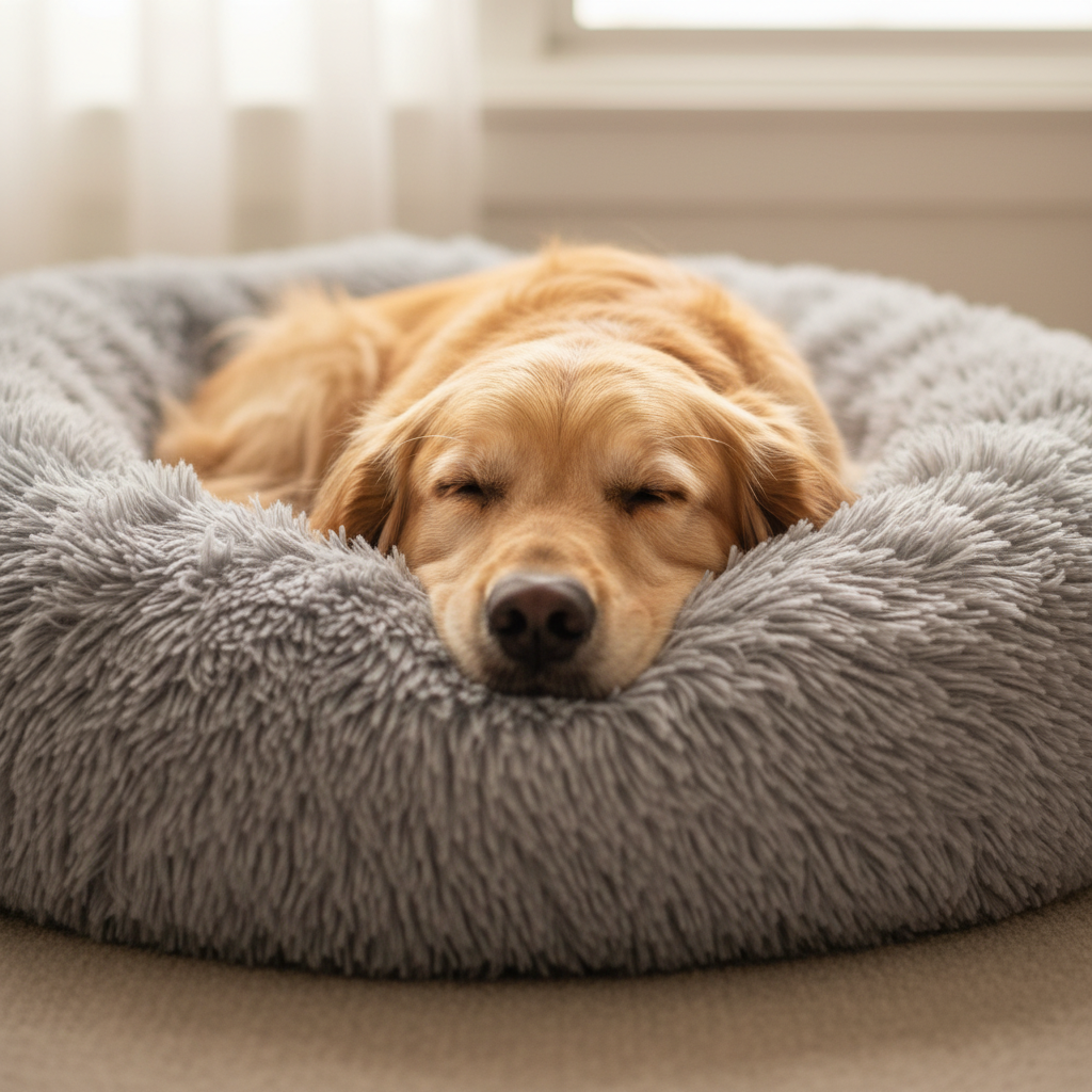Golden Retriever Nuzzled in Light Grey Donut Bed - Close Up