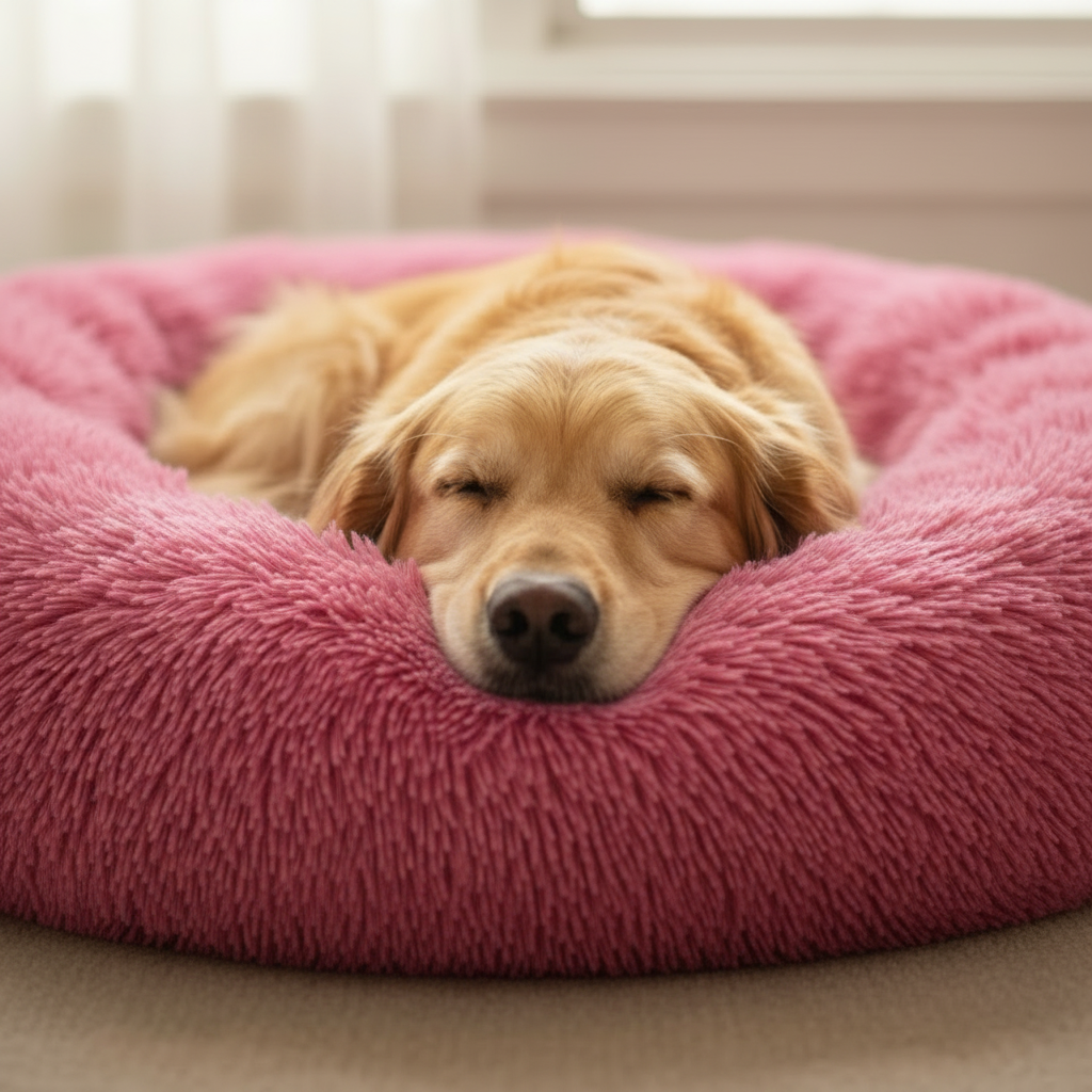 Golden Retriever Nuzzled in Pink Donut Bed - Front Facing