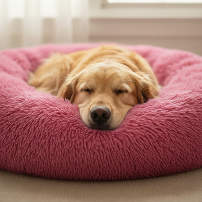 Golden Retriever Nuzzled in Pink Donut Bed - Front Facing