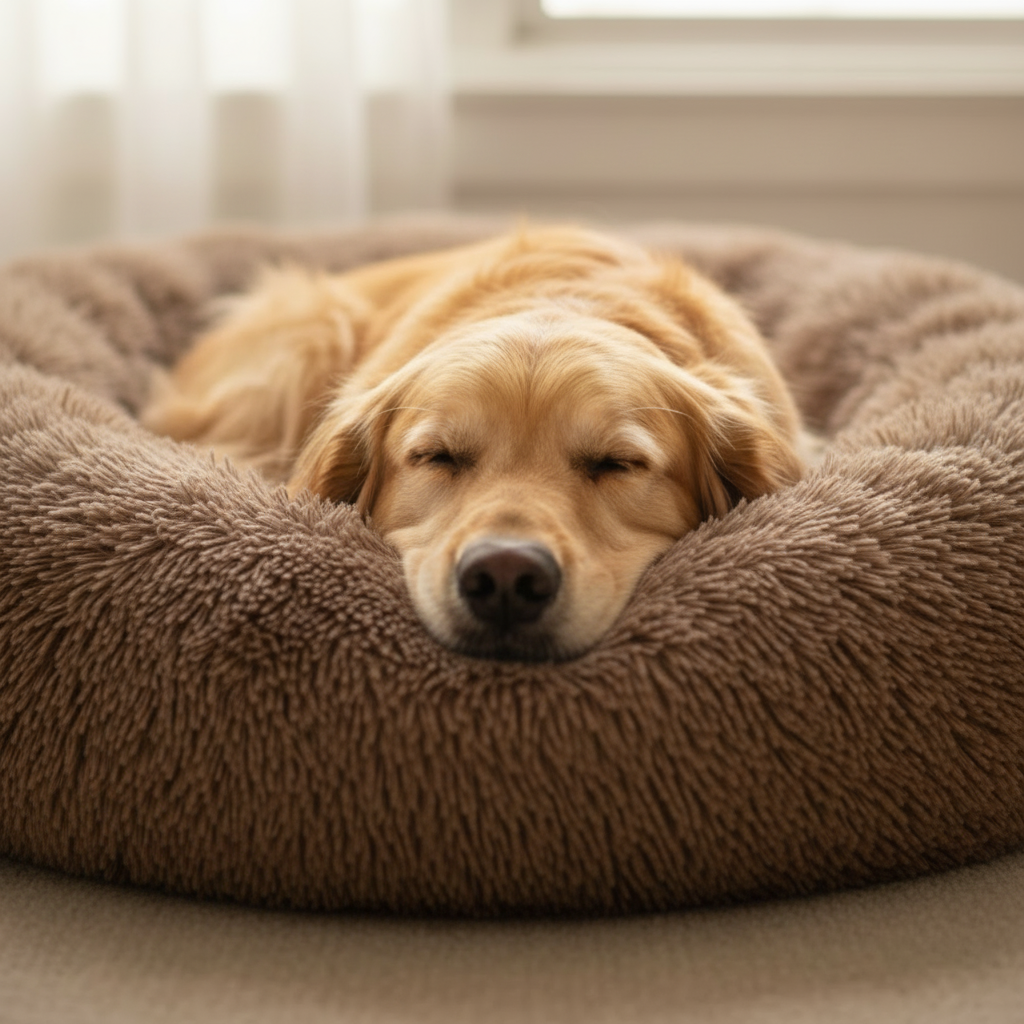 Golden Retriever Sleeping on Espresso Donut Bed - Window Light