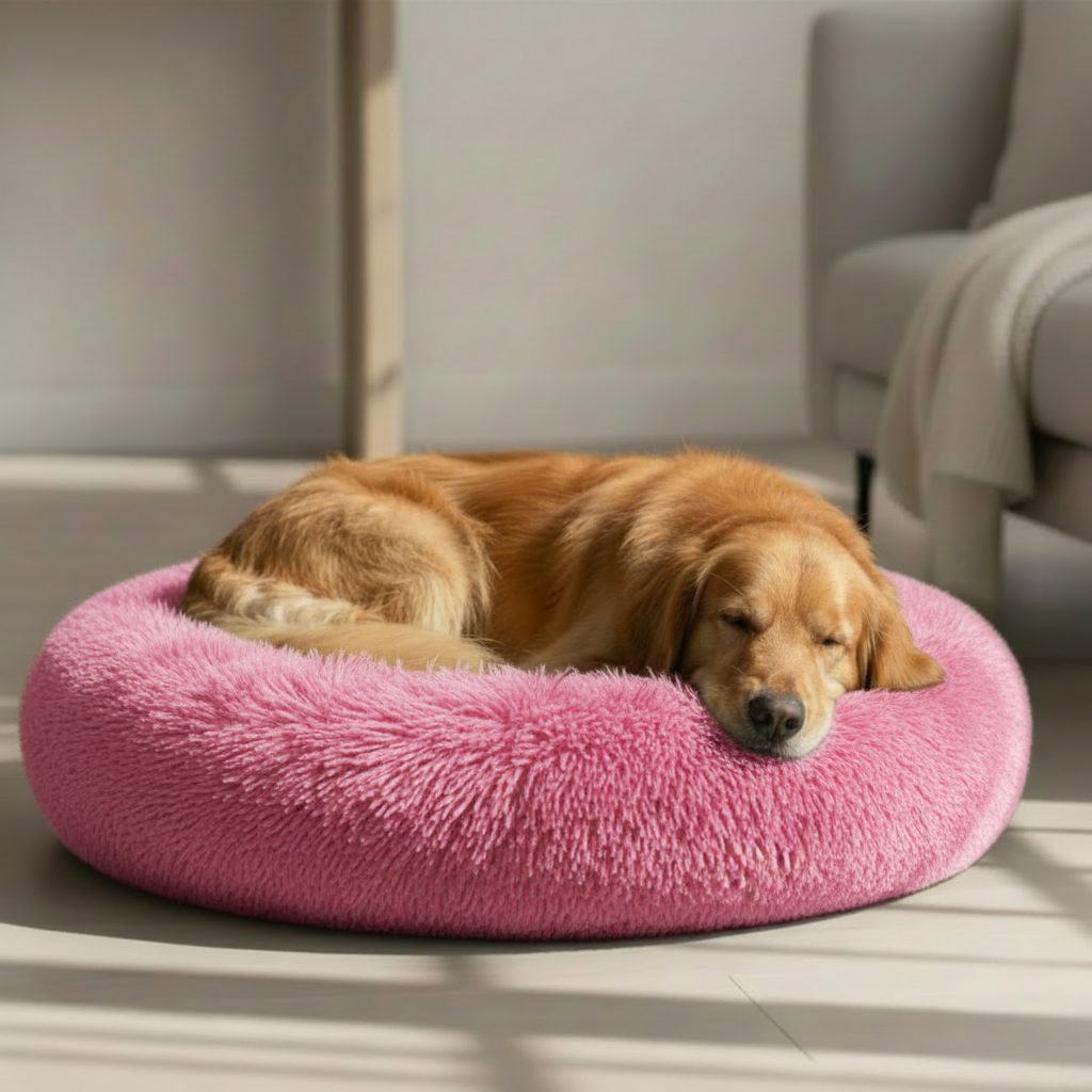 Golden Retriever Sleeping on Pink Donut Bed - Sunlight and Armchair