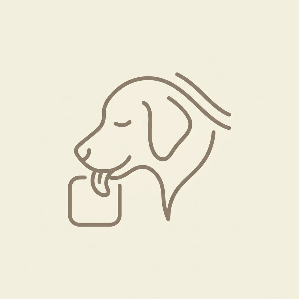 Minimal warm-taupe icon of a relaxed dog enjoying a lick mat
