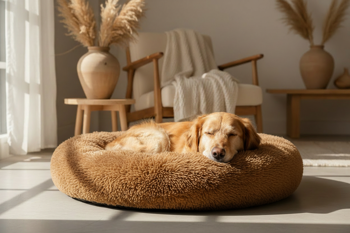 Relaxed Dog on Caramel Donut Bed